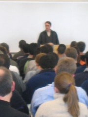 John Battelle speaking at the front of a packed room at Yahoo!